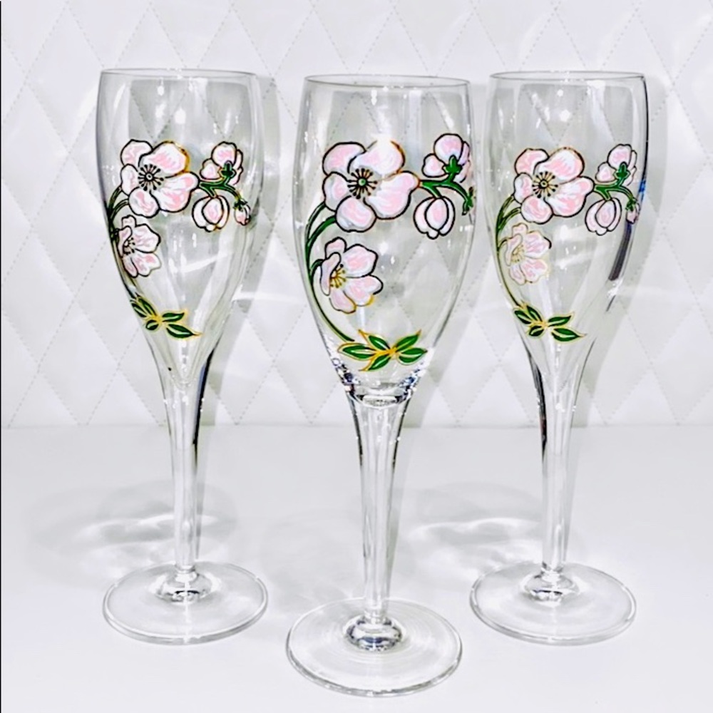 Vintage Perrier Jouet Pink Floral Crystal Champagne Flutes 3